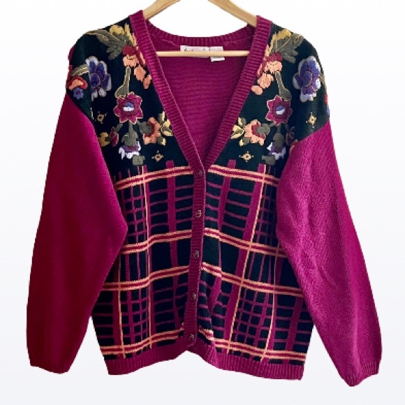 Vintage That's Me! Embroidery Flowers Sweater Cardigan L - Picture 2 of 16